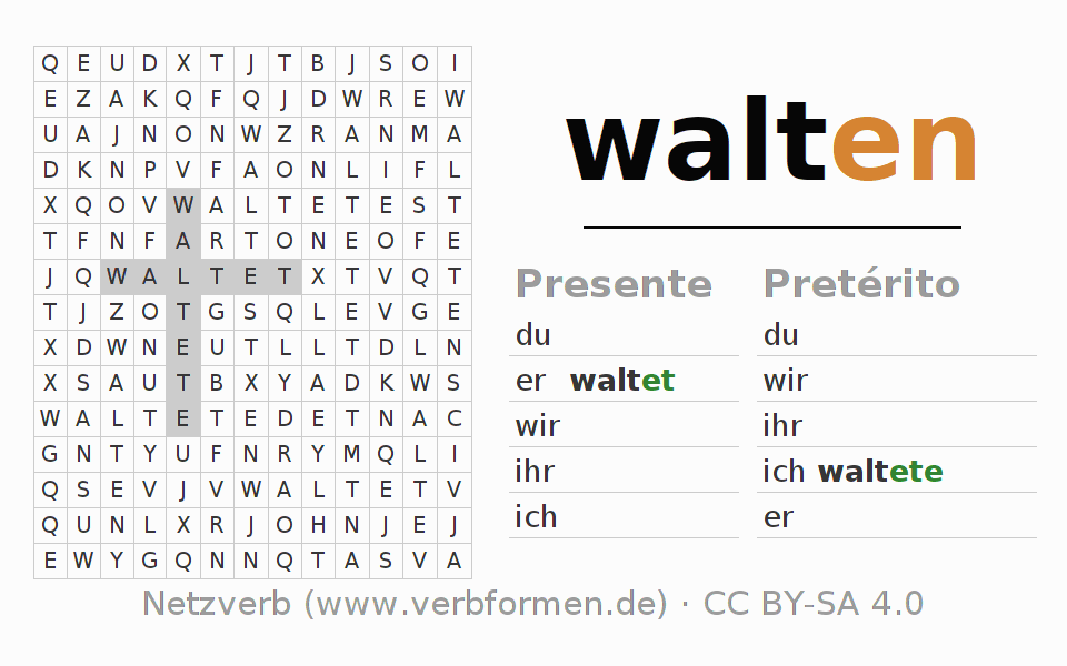 Caça-palavras com a conjugação do verbo walten