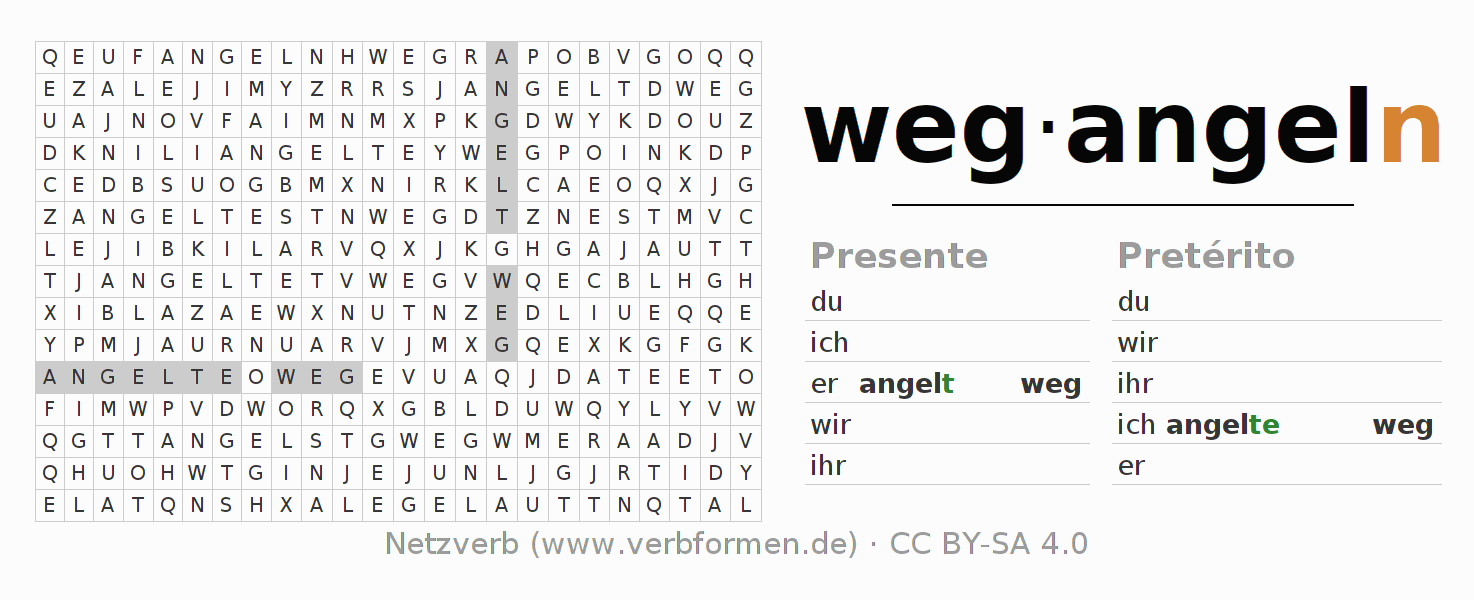 Caça-palavras com a conjugação do verbo wegangeln