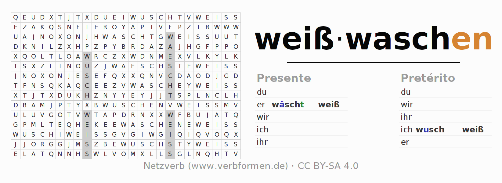 Caça-palavras com a conjugação do verbo weißwaschen