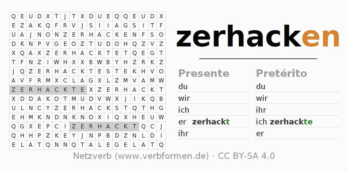 Caça-palavras com a conjugação do verbo zerhacken