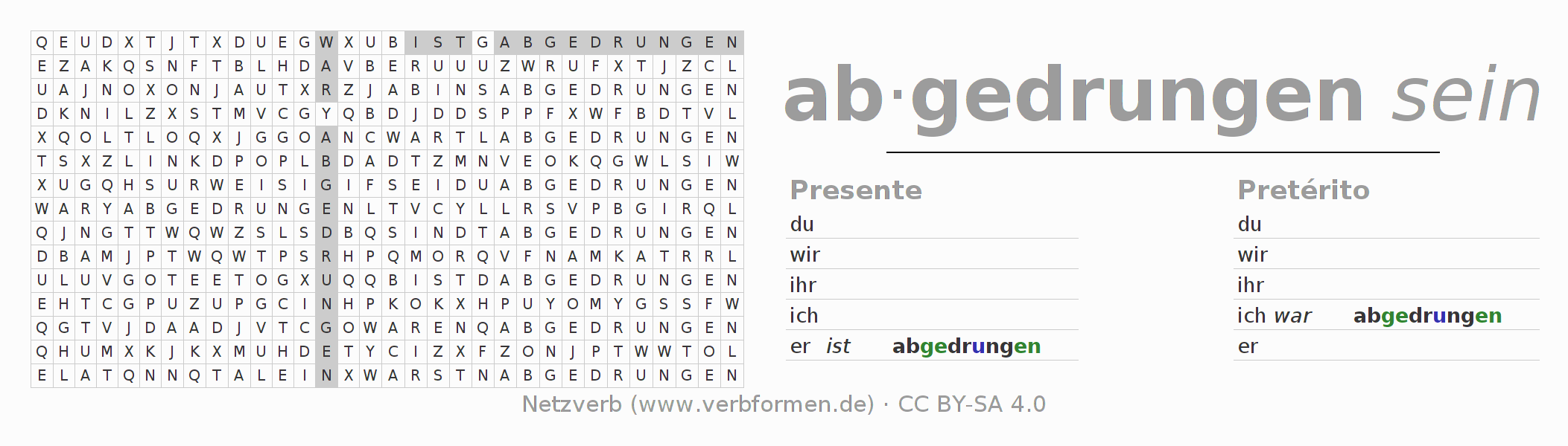 Caça-palavras com a conjugação do verbo abdringen