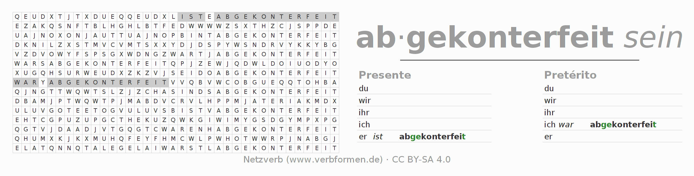 Caça-palavras com a conjugação do verbo abkonterfeien