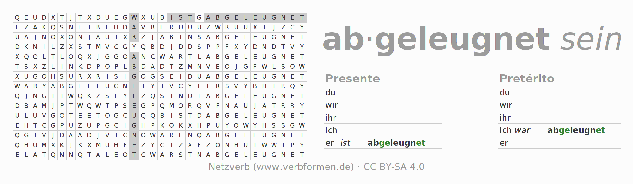 Caça-palavras com a conjugação do verbo ableugnen