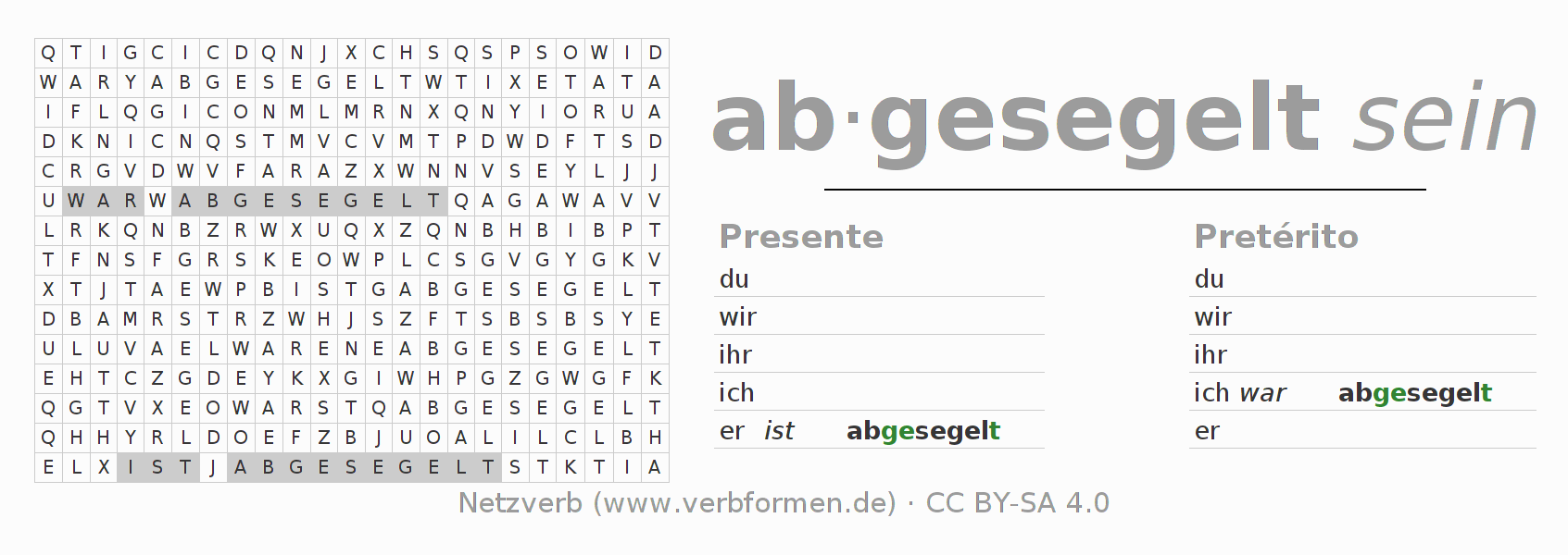 Caça-palavras com a conjugação do verbo absegeln (hat)