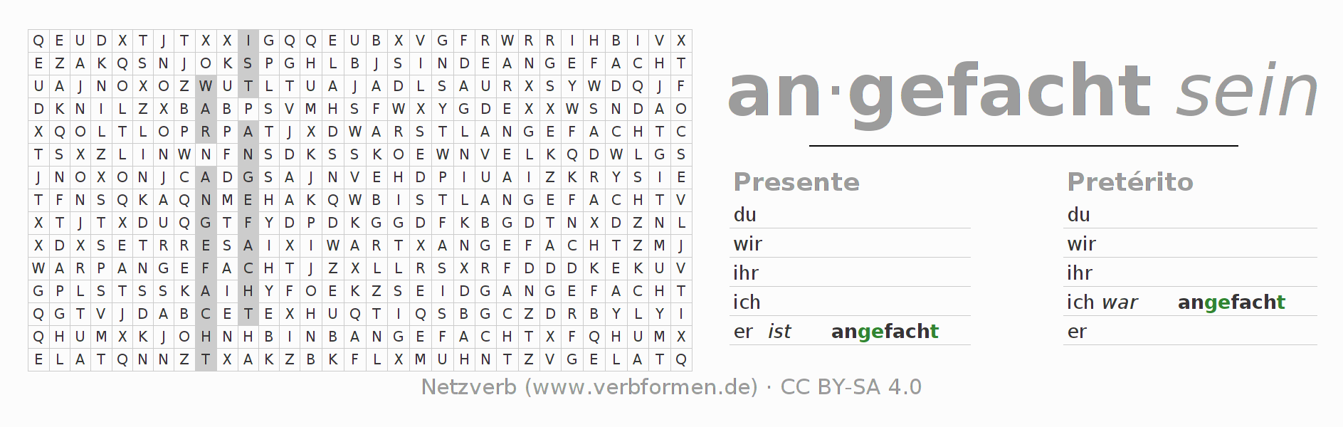 Caça-palavras com a conjugação do verbo anfachen
