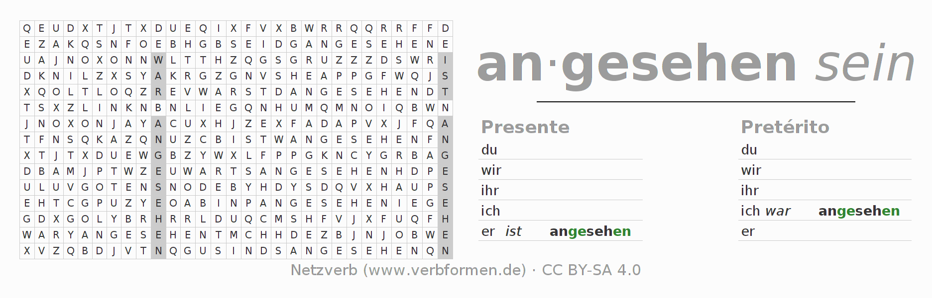 Caça-palavras com a conjugação do verbo ansehen