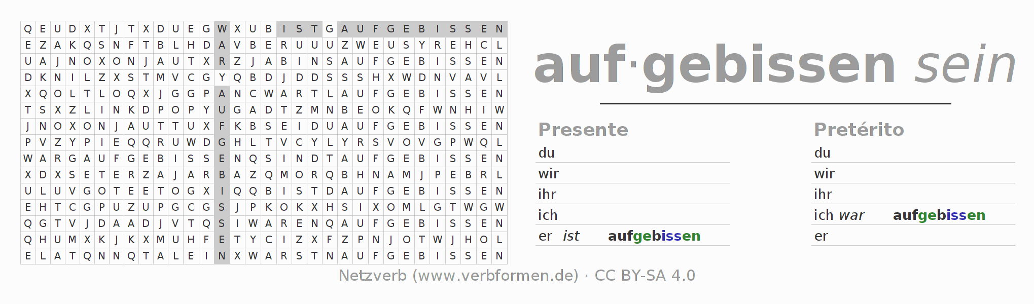 Caça-palavras com a conjugação do verbo aufbeißen