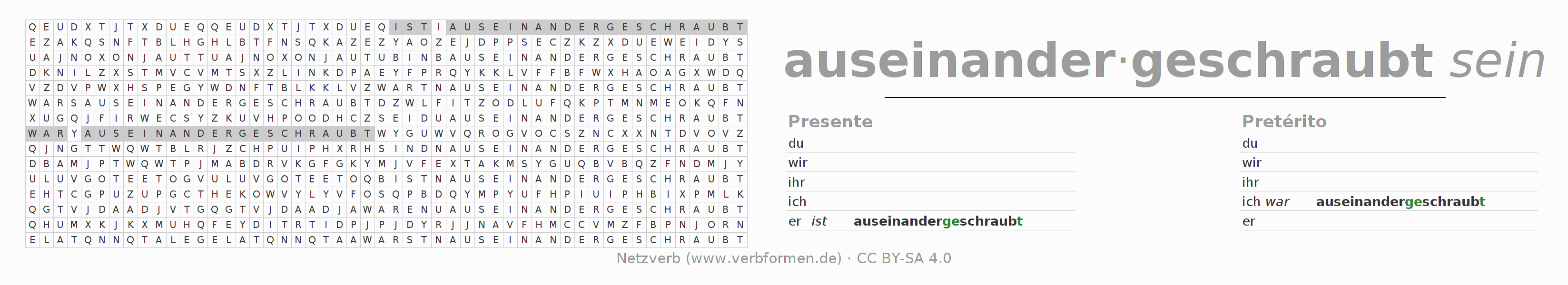 Caça-palavras com a conjugação do verbo auseinanderschrauben