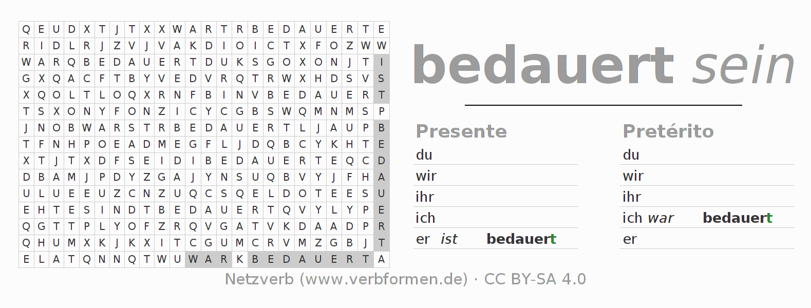 Caça-palavras com a conjugação do verbo bedauern