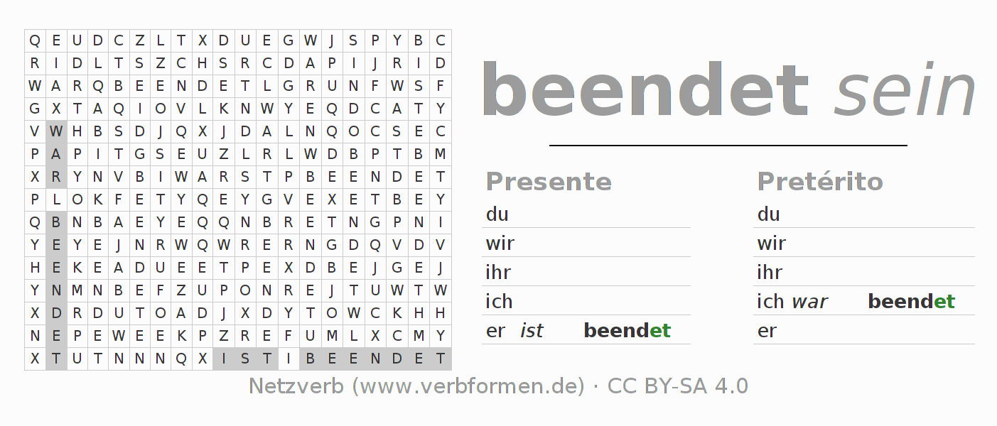 Caça-palavras com a conjugação do verbo beenden