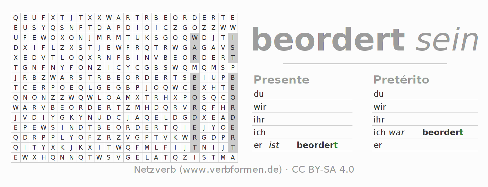 Caça-palavras com a conjugação do verbo beordern