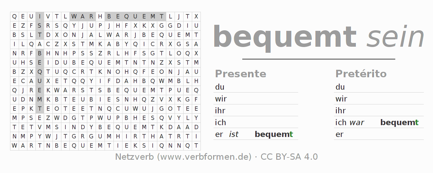 Caça-palavras com a conjugação do verbo bequemen
