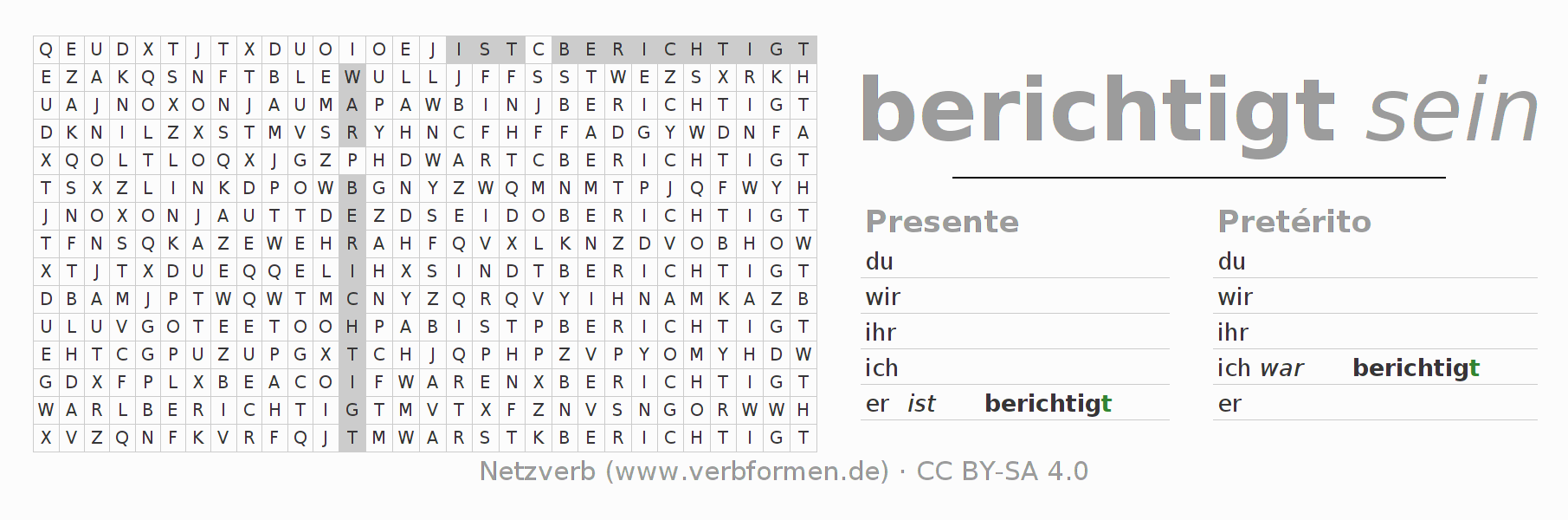 Caça-palavras com a conjugação do verbo berichtigen