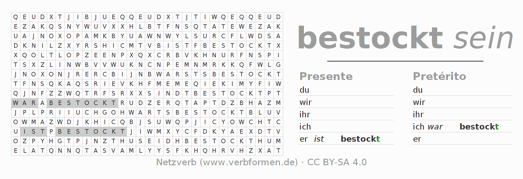 Caça-palavras com a conjugação do verbo bestocken