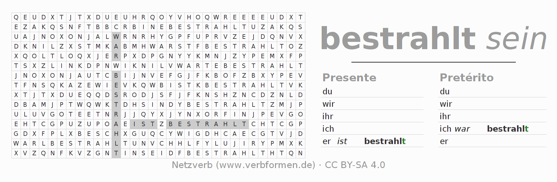Caça-palavras com a conjugação do verbo bestrahlen