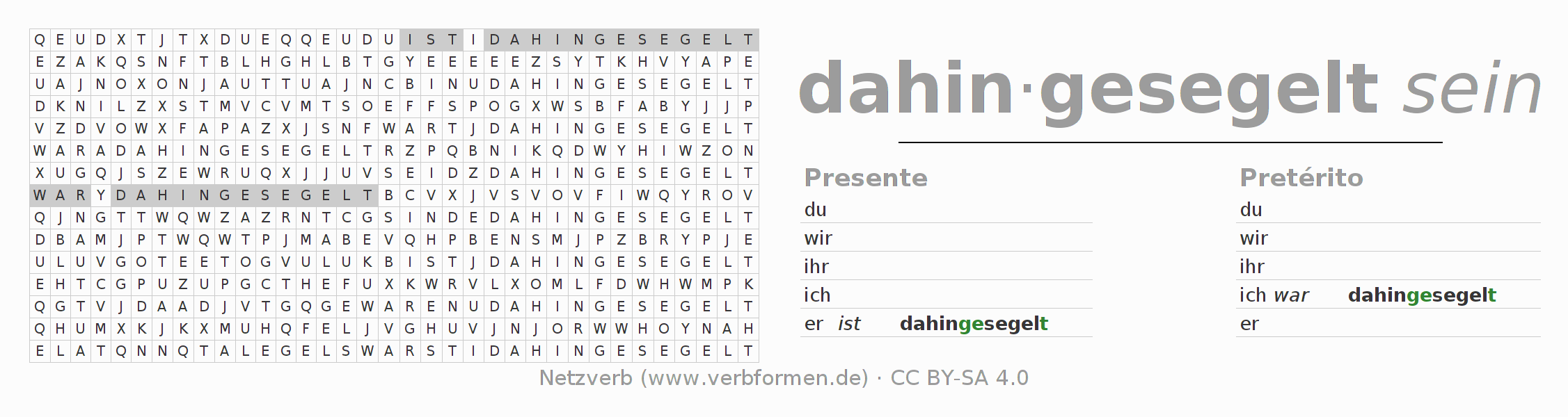 Caça-palavras com a conjugação do verbo dahinsegeln