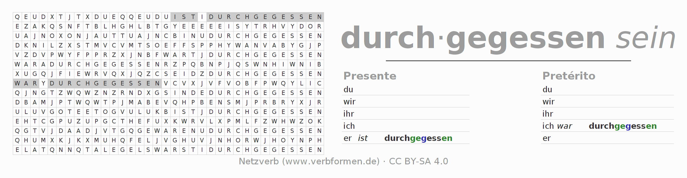 Caça-palavras com a conjugação do verbo durchessen