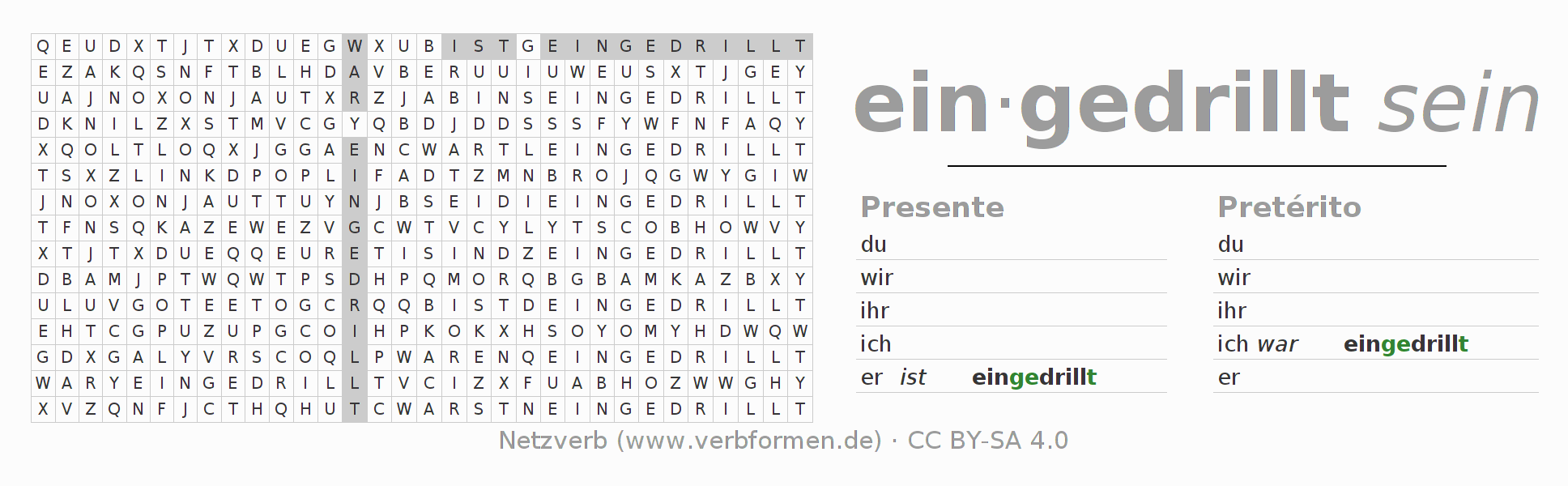 Caça-palavras com a conjugação do verbo eindrillen