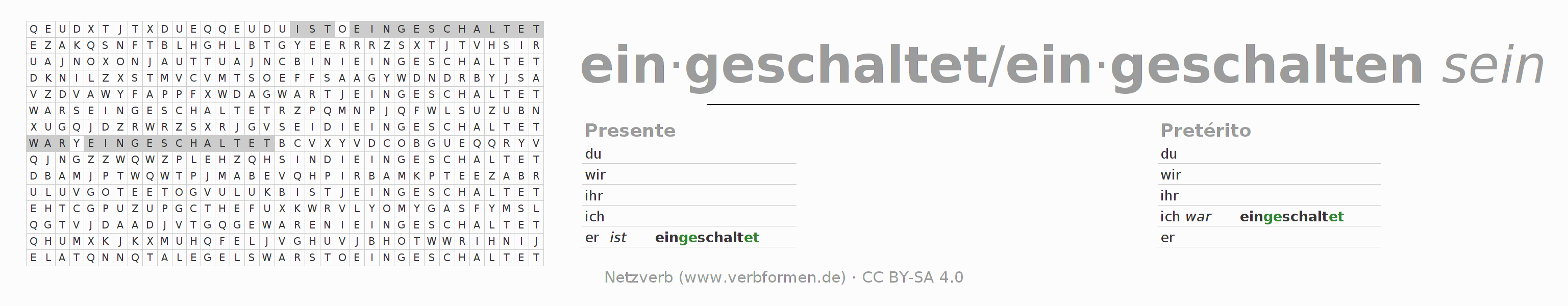 Caça-palavras com a conjugação do verbo einschalten