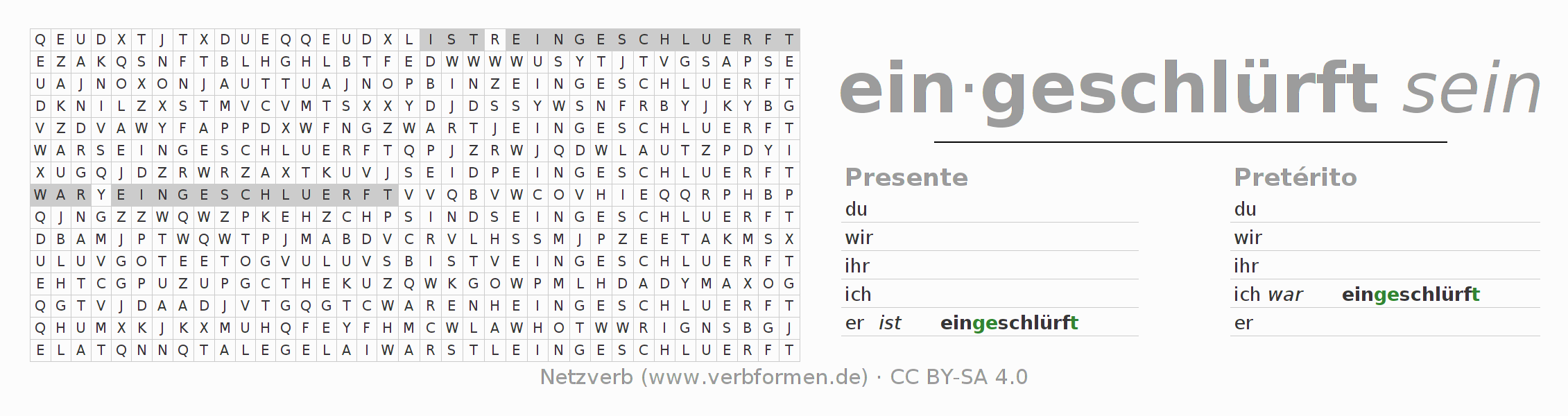 Caça-palavras com a conjugação do verbo einschlürfen