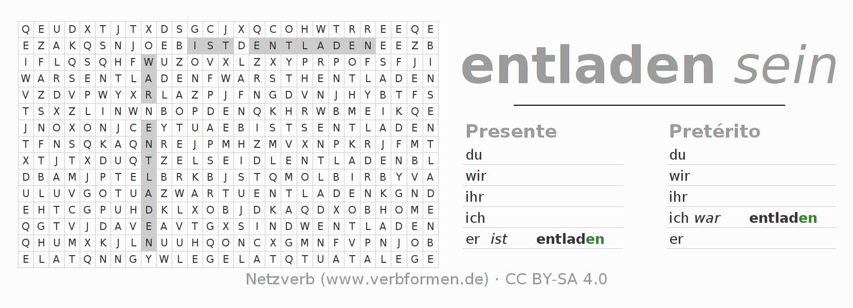Caça-palavras com a conjugação do verbo entladen