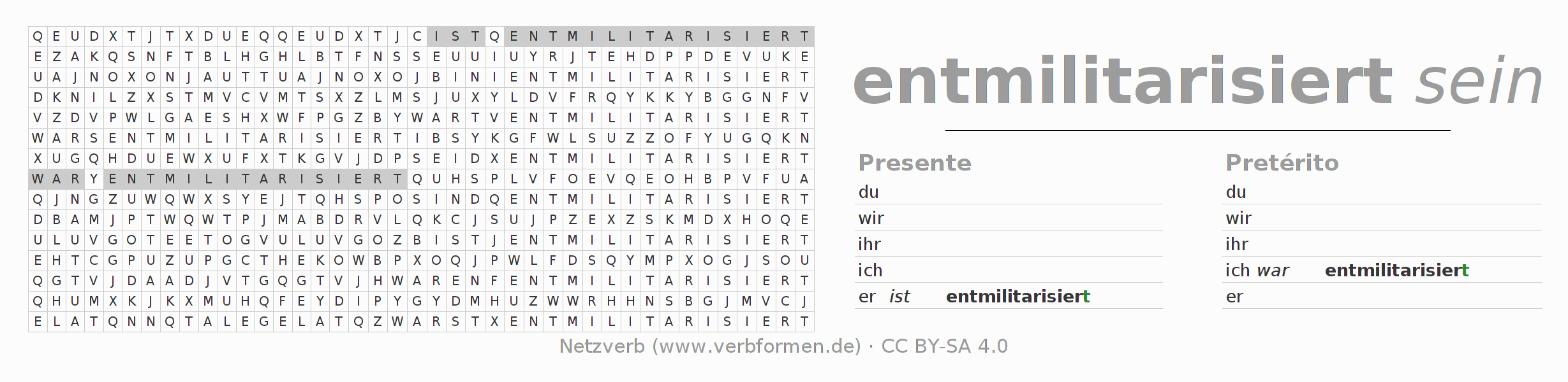 Caça-palavras com a conjugação do verbo entmilitarisieren