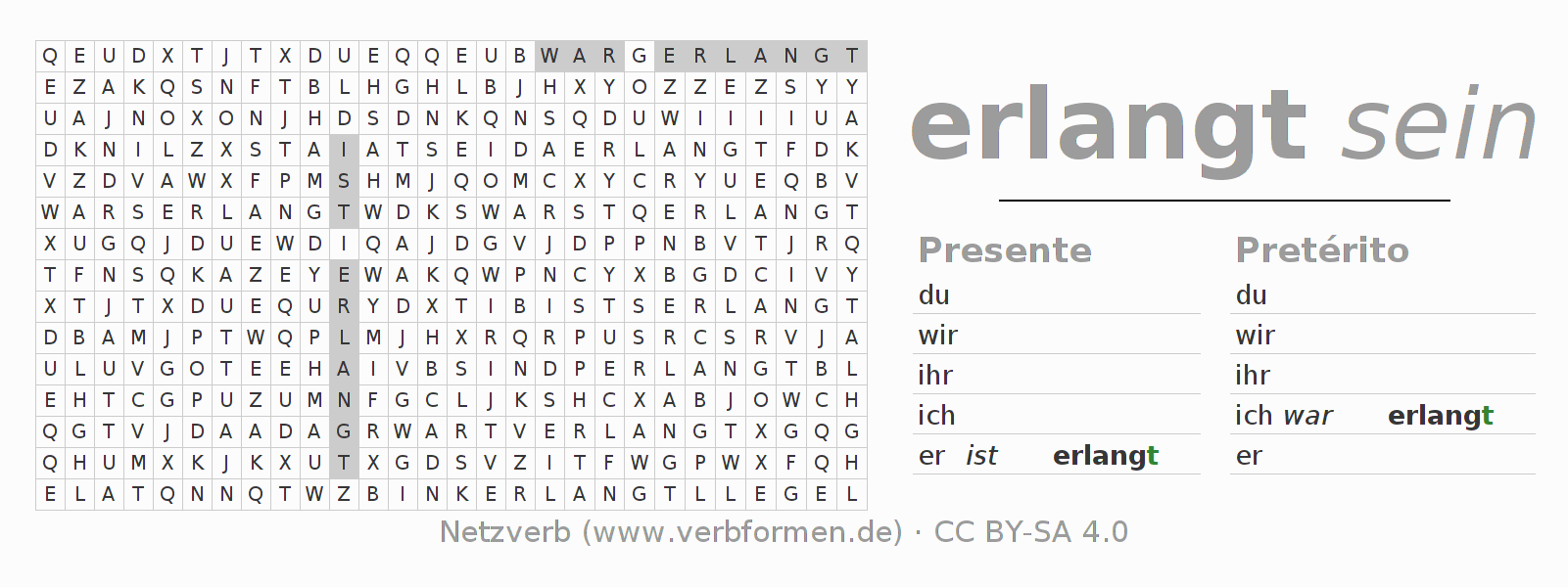 Caça-palavras com a conjugação do verbo erlangen