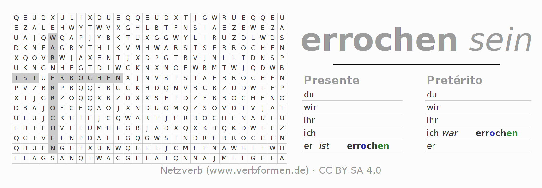 Caça-palavras com a conjugação do verbo erriechen