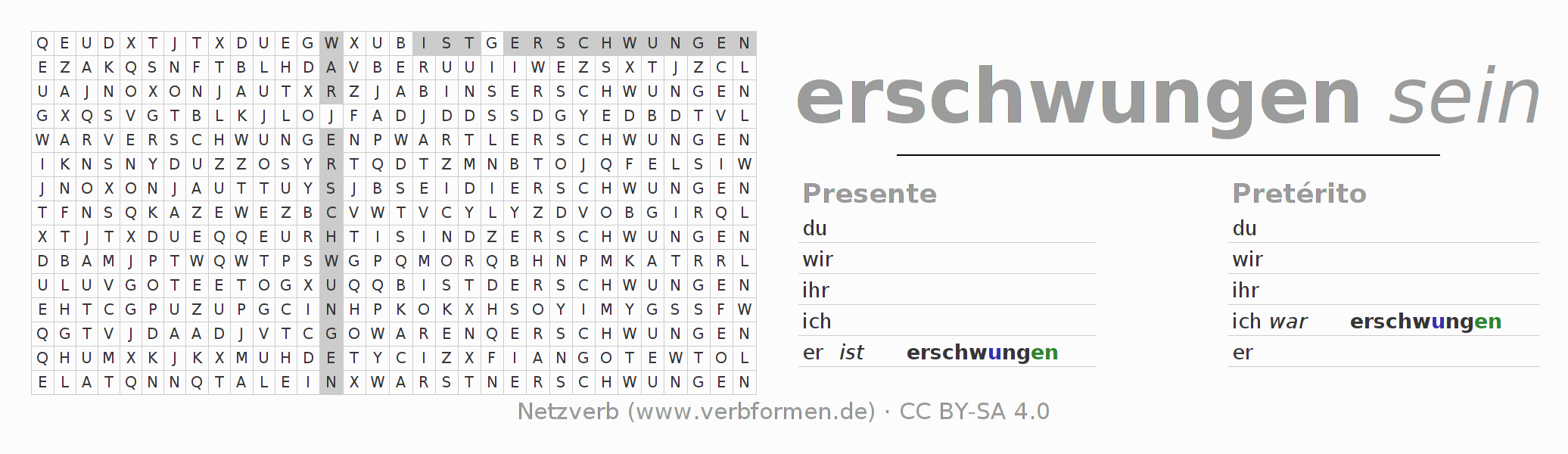 Caça-palavras com a conjugação do verbo erschwingen