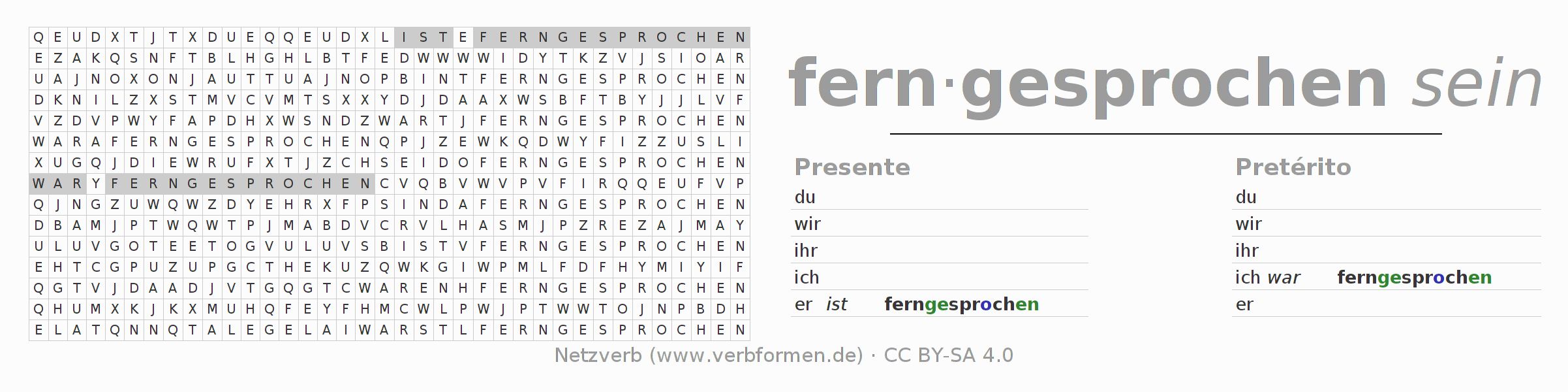 Caça-palavras com a conjugação do verbo fernsprechen