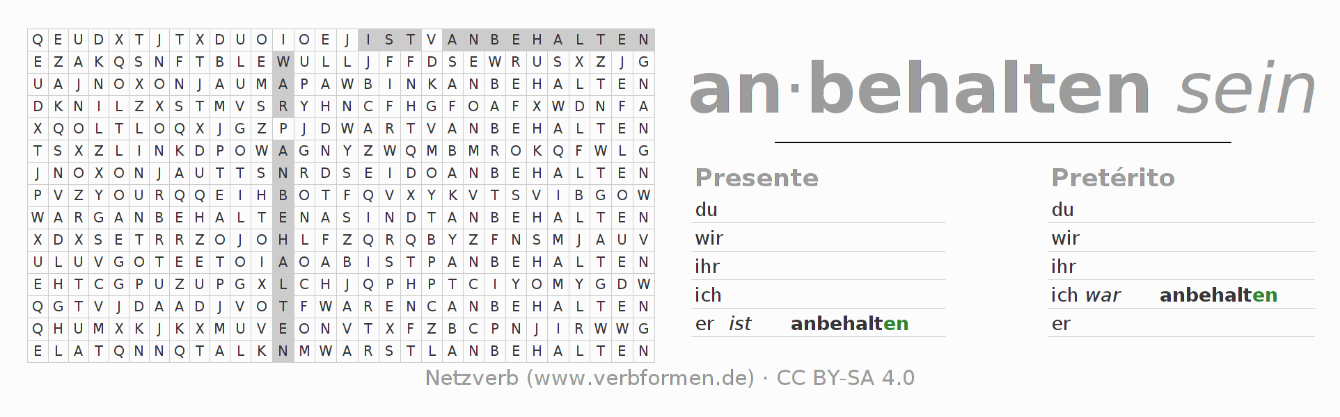 Caça-palavras com a conjugação do verbo anbehalten