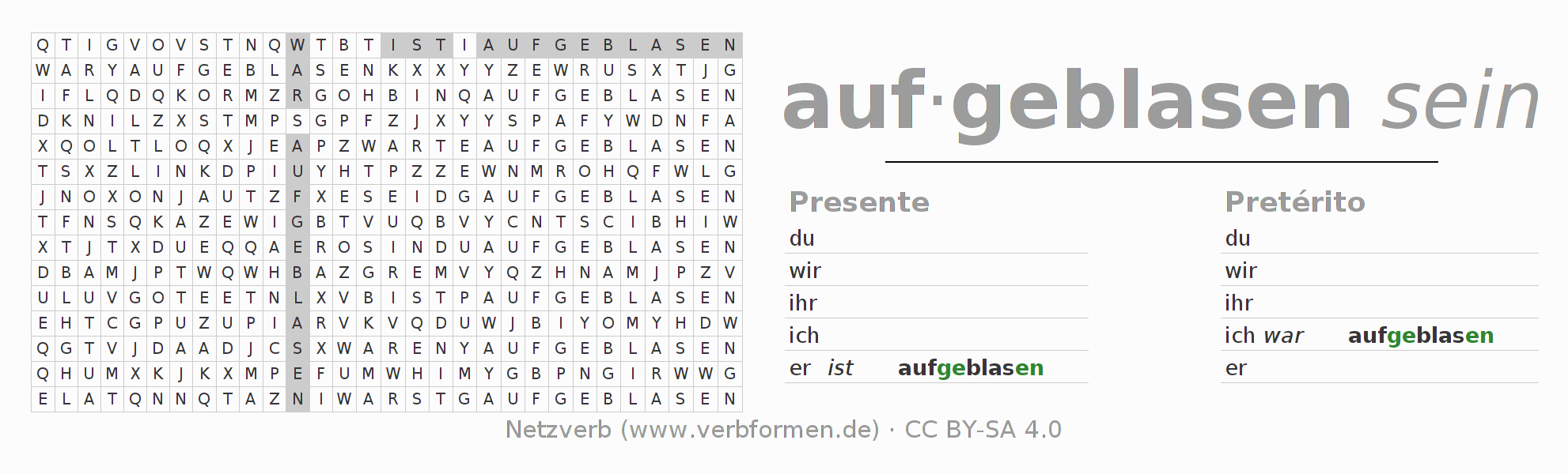 Caça-palavras com a conjugação do verbo aufblasen