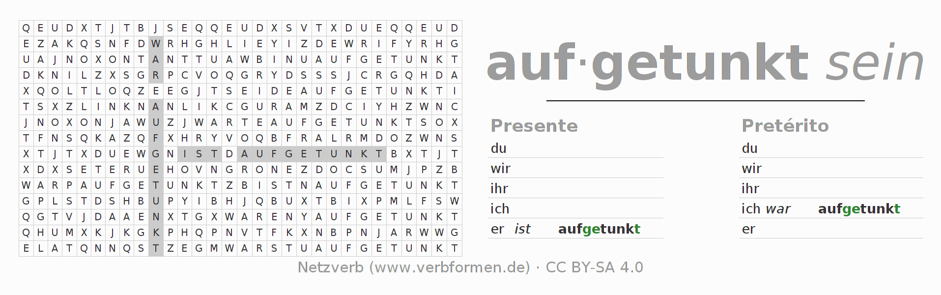 Caça-palavras com a conjugação do verbo auftunken
