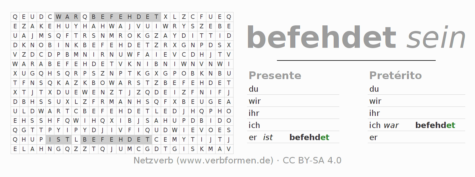 Caça-palavras com a conjugação do verbo befehden
