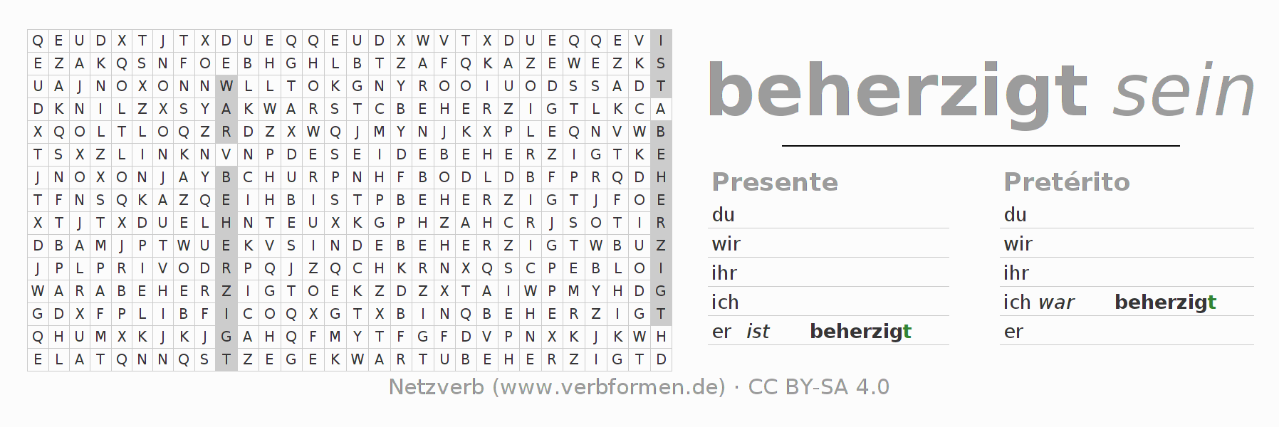Caça-palavras com a conjugação do verbo beherzigen