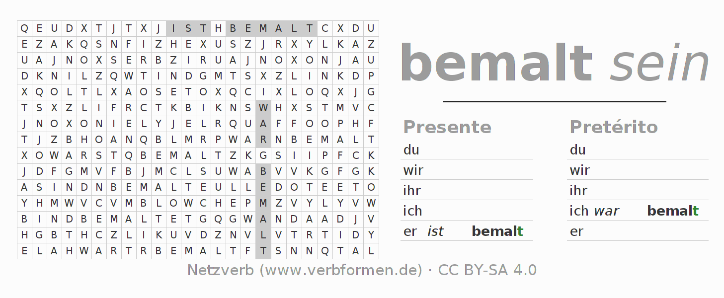 Caça-palavras com a conjugação do verbo bemalen