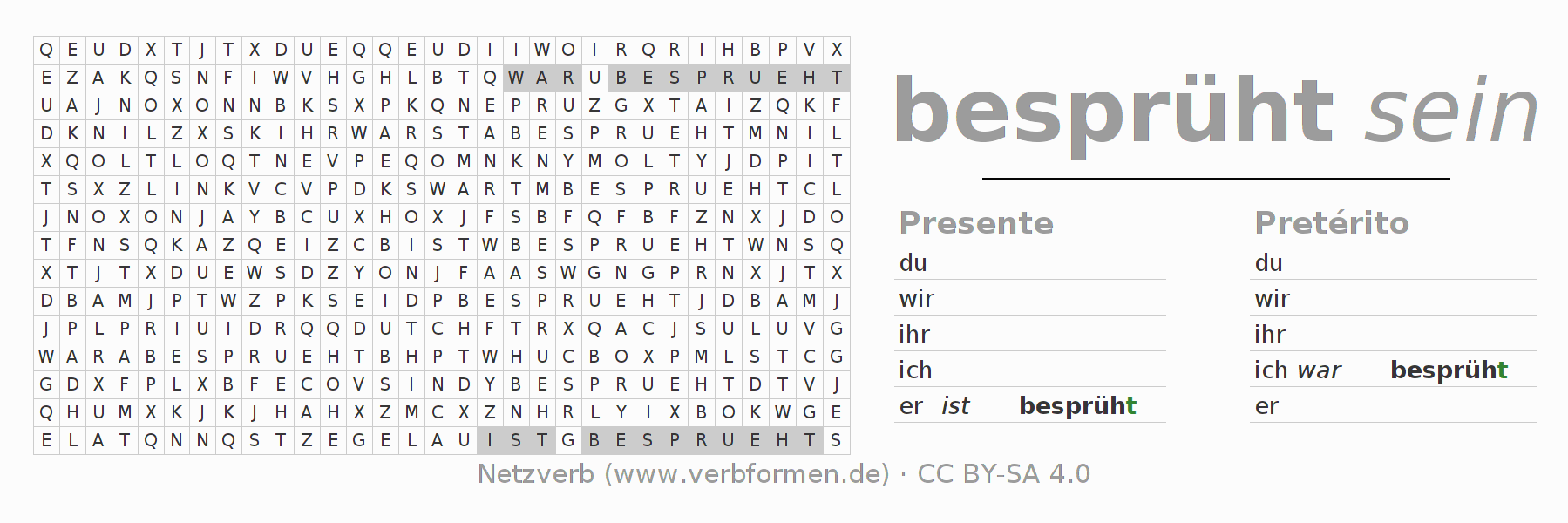 Caça-palavras com a conjugação do verbo besprühen