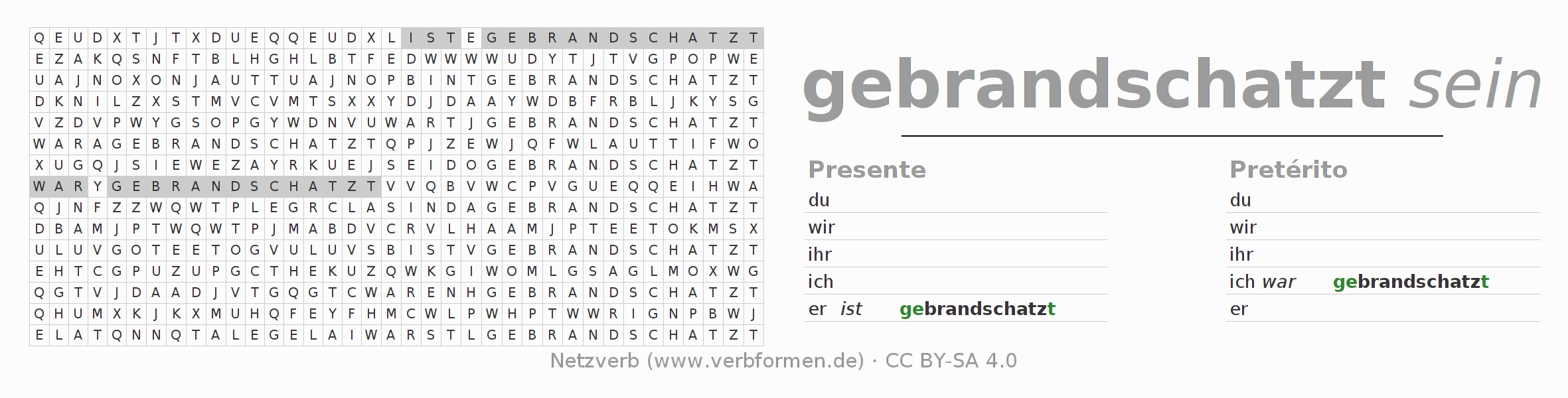 Caça-palavras com a conjugação do verbo brandschatzen