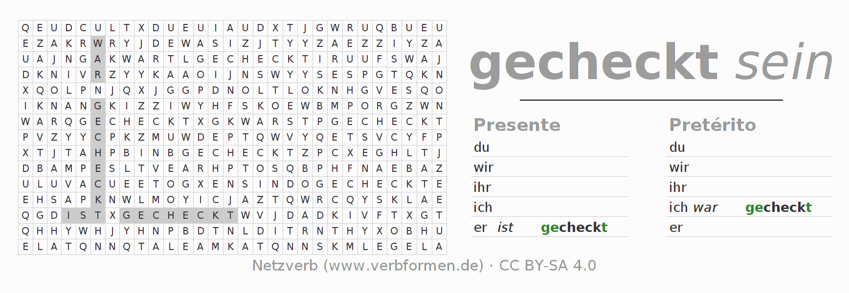 Caça-palavras com a conjugação do verbo checken