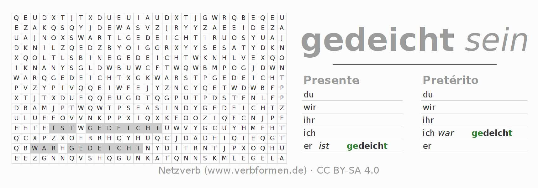 Caça-palavras com a conjugação do verbo deichen