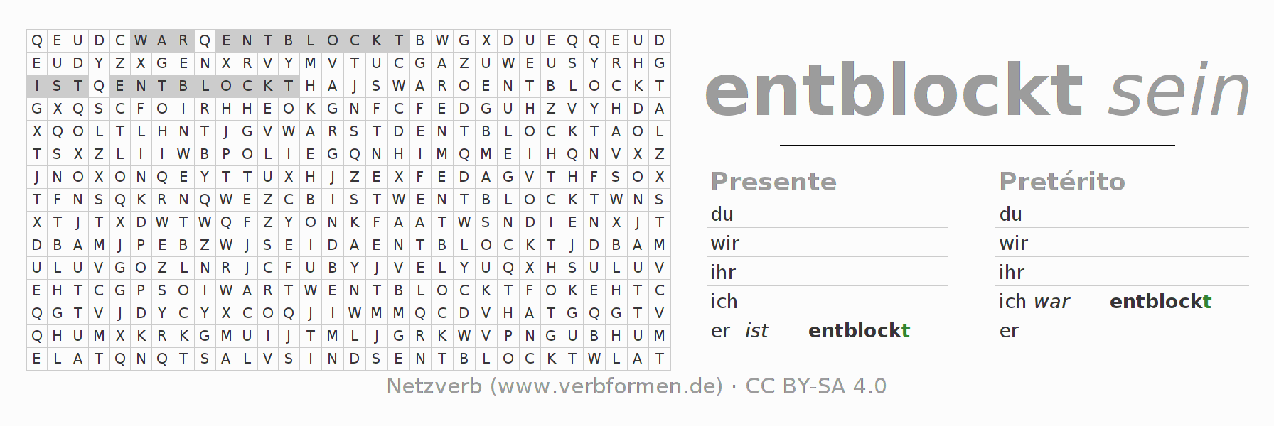 Caça-palavras com a conjugação do verbo entblocken