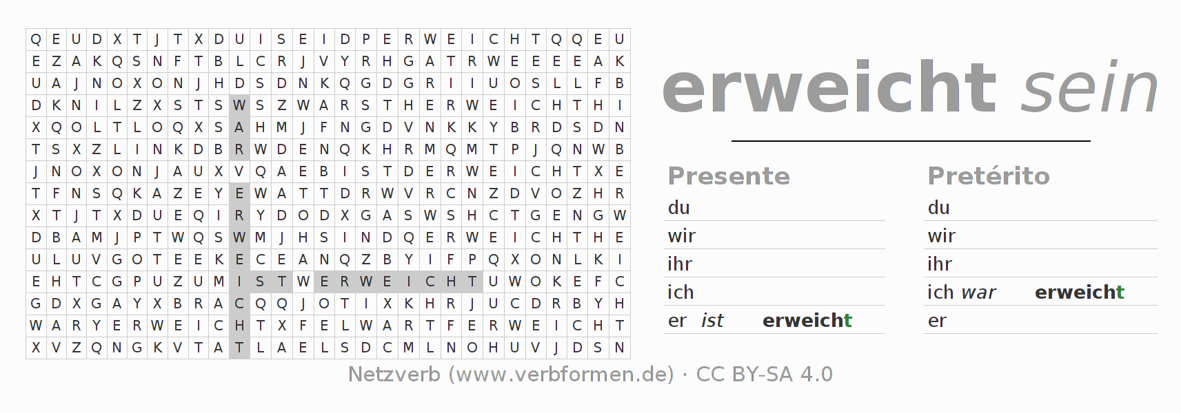 Caça-palavras com a conjugação do verbo erweichen (hat)