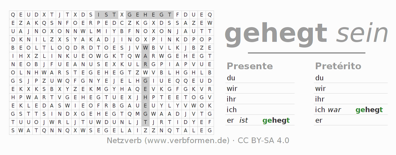 Caça-palavras com a conjugação do verbo hegen
