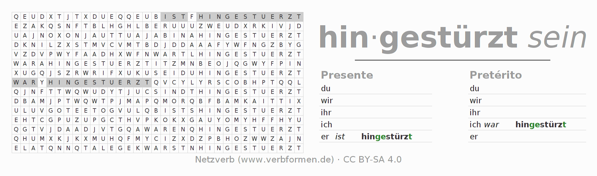 Caça-palavras com a conjugação do verbo hinstürzen