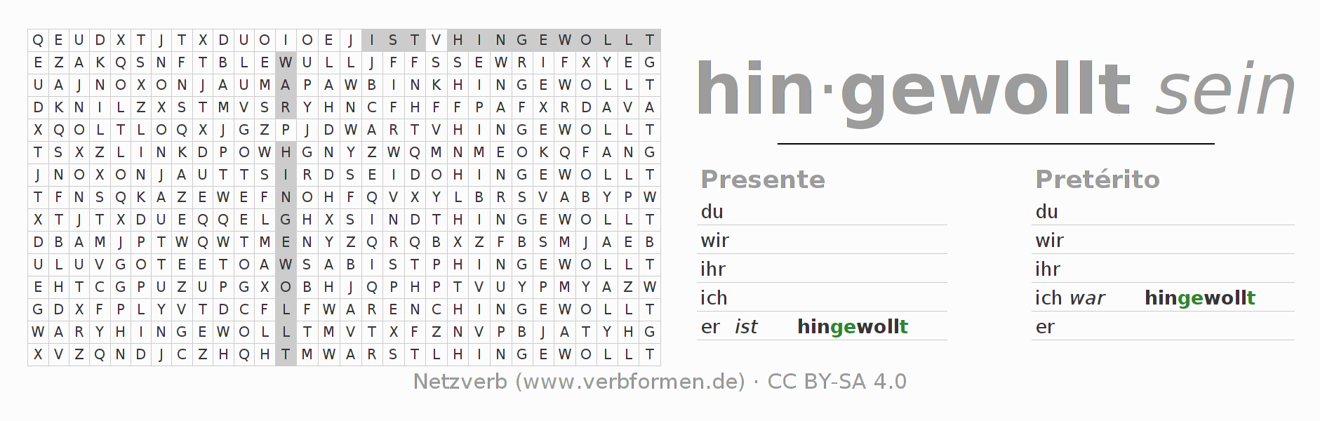 Caça-palavras com a conjugação do verbo hinwollen