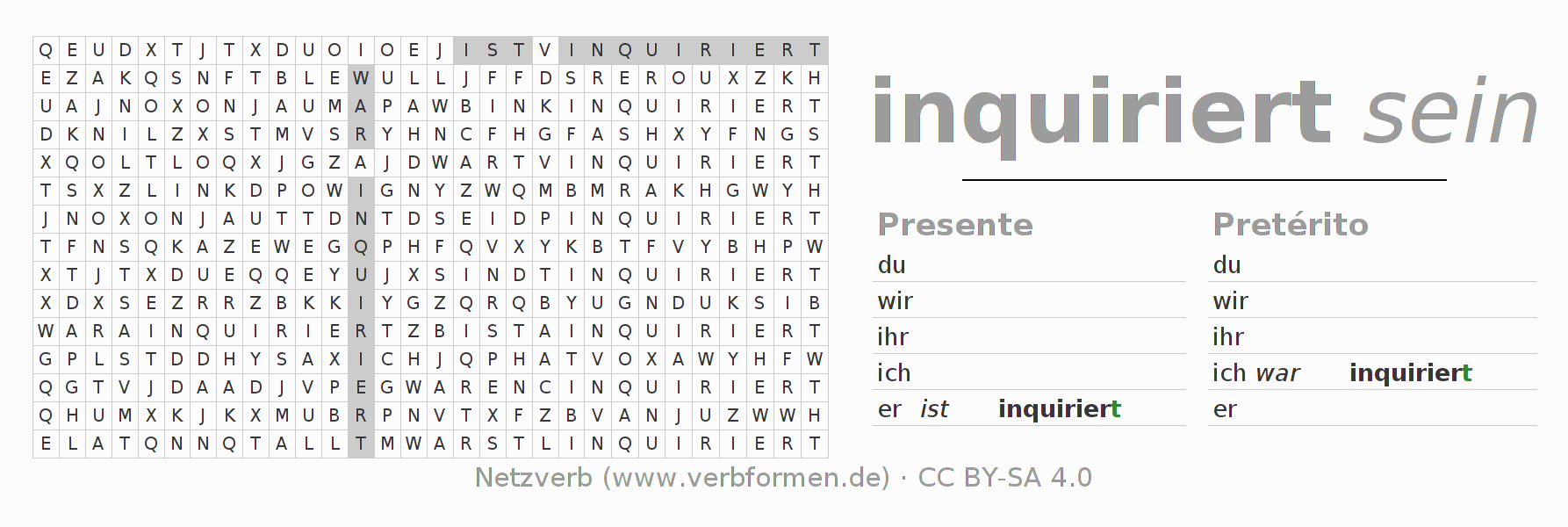 Caça-palavras com a conjugação do verbo inquirieren