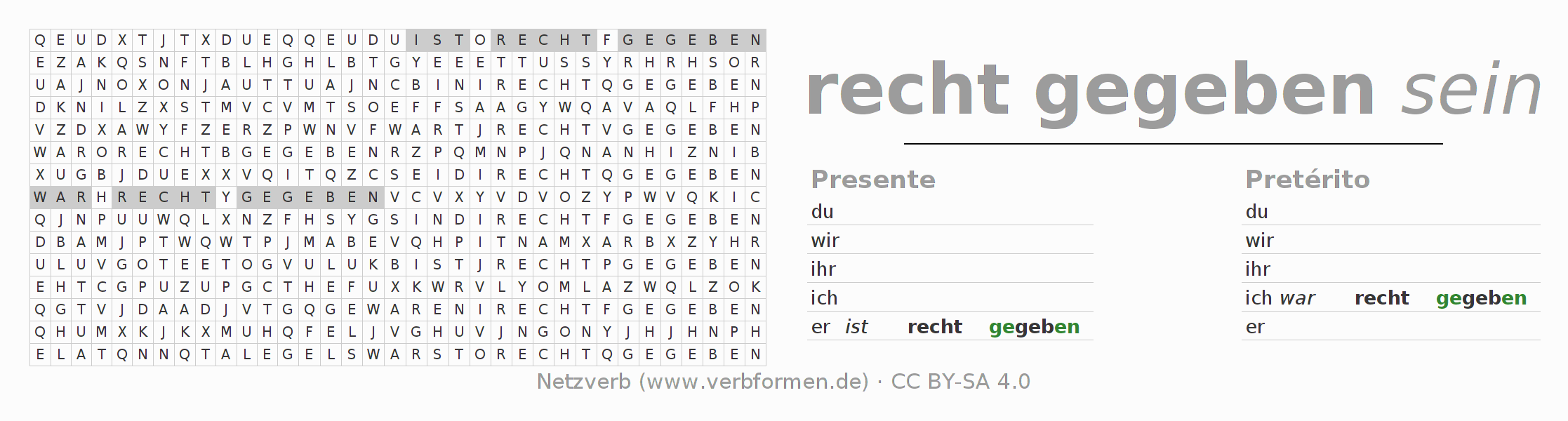 Caça-palavras com a conjugação do verbo rechtgeben
