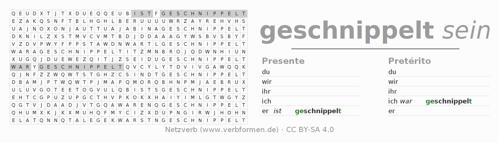 Caça-palavras com a conjugação do verbo schnippeln