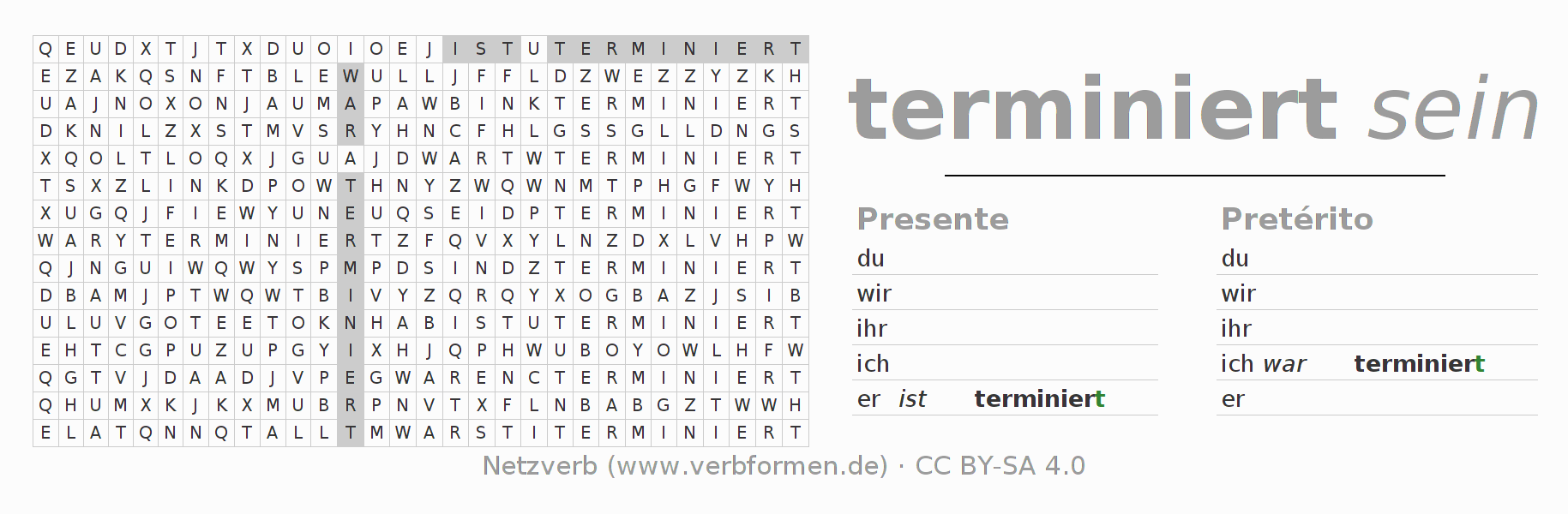 Caça-palavras com a conjugação do verbo terminieren
