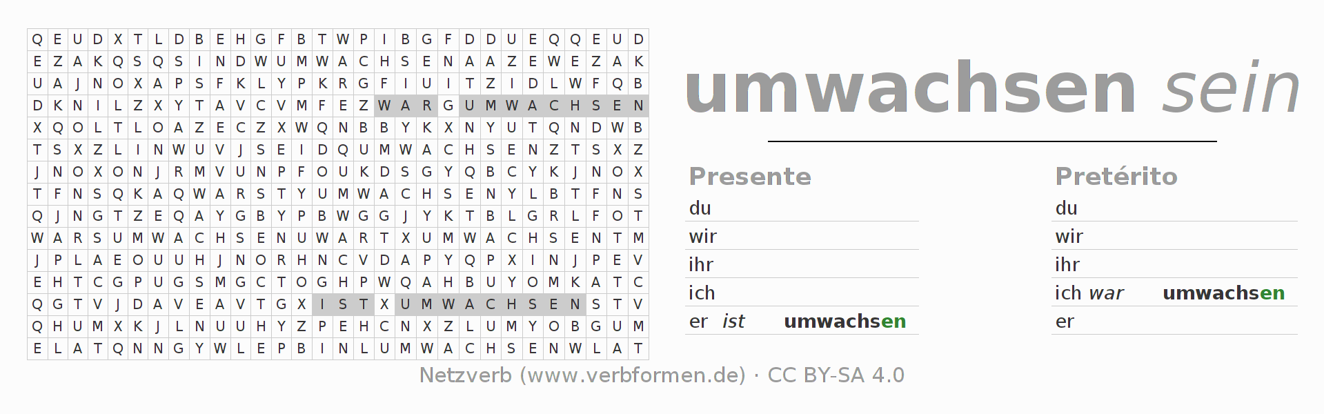 Caça-palavras com a conjugação do verbo umwachsen